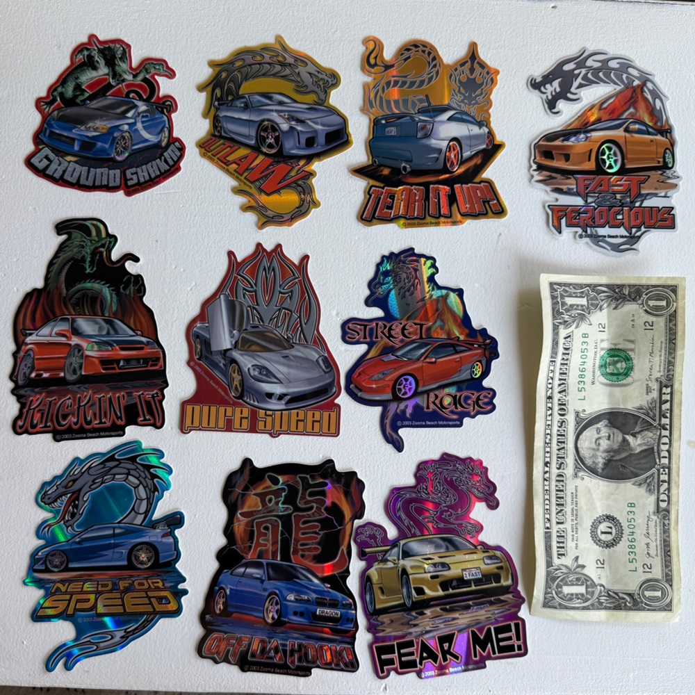 FULL SET (10) Fast and Ferocious vending machine stickers, vintage, holo, y2k